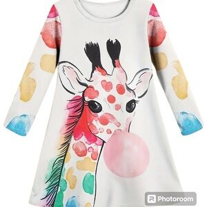 New Boutique Girls Tunic Long Sleeve Dress With Giraffe Blowing Bubblegum 4-5Y
